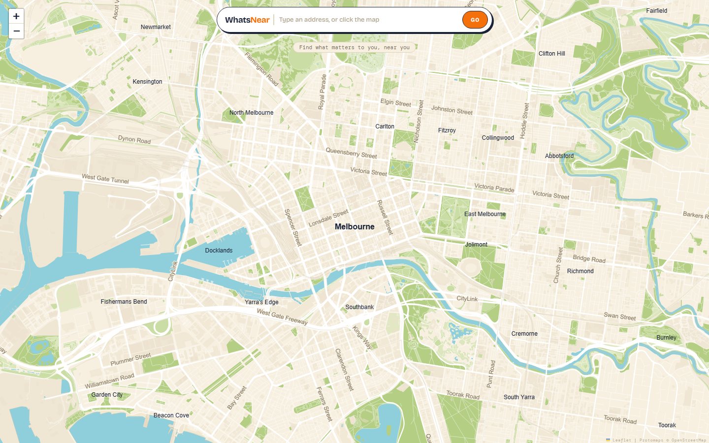 WhatsNear open on a map of inner Melbourne, with its address search bar across the top.