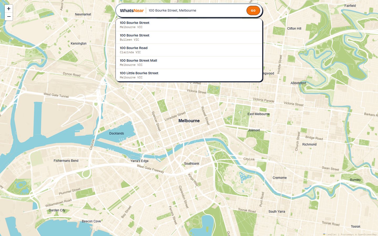 An address part-typed into WhatsNear, with five matching Melbourne addresses suggested underneath.