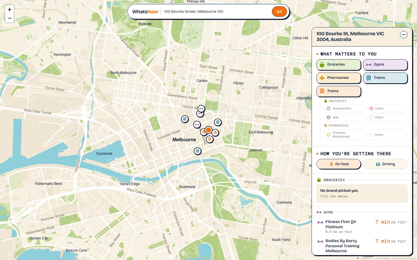 WhatsNear showing groceries, gyms, pharmacies, trains and trams near 100 Bourke Street, each with a walking time, and matching pins on the map.