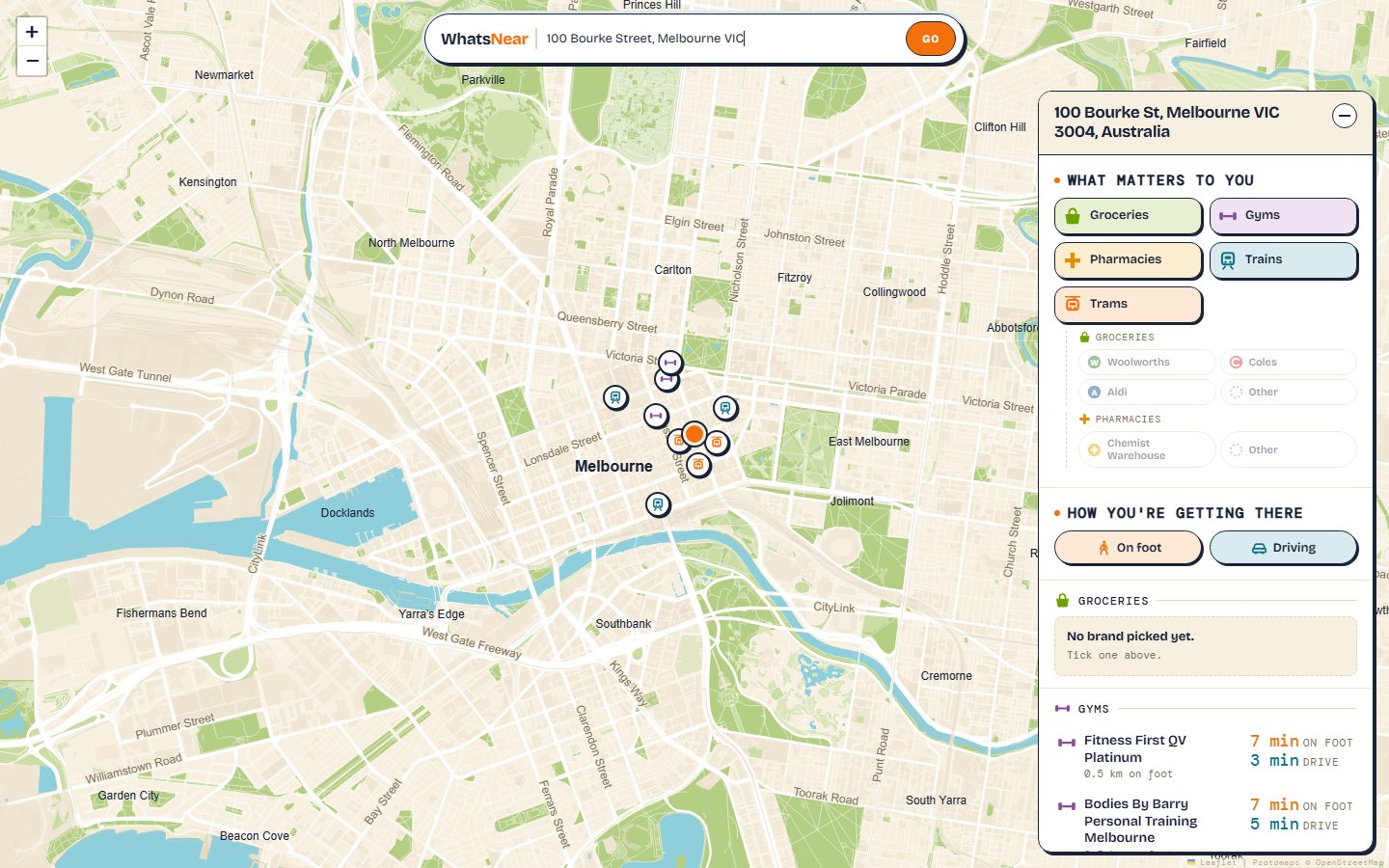 The same address in WhatsNear with the travel mode switched from walking to driving.